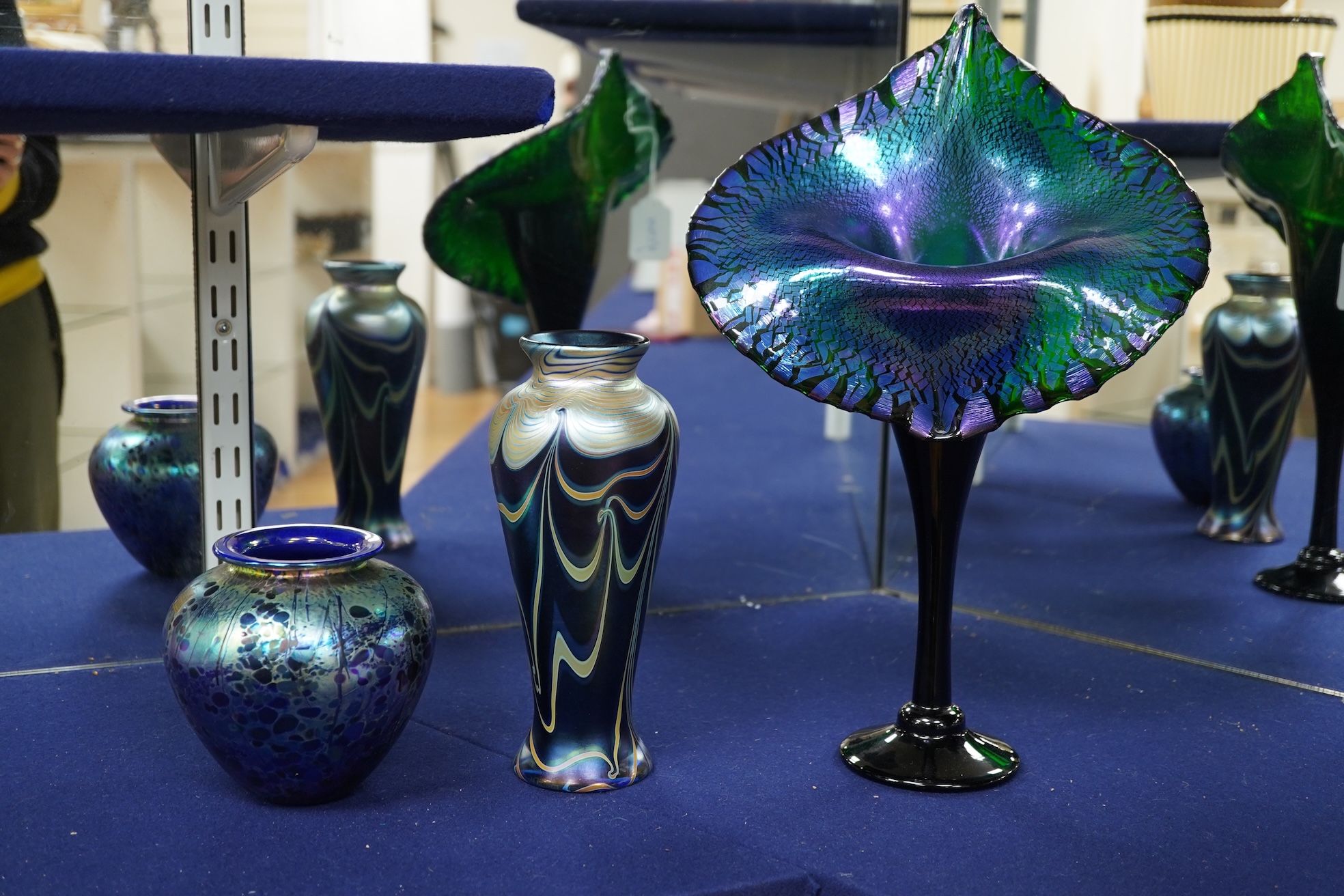 An Isle of Wight iridescent glass vase, Richard Golding Okra Luxor vase and Jack in Pulpit the box vase (3) tallest 38.5cm
